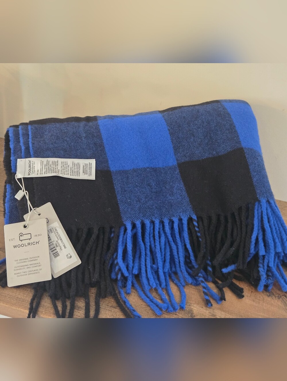 Woolrich Black and Blue Buffalo Plaid Throw Blanket Made In Italy
